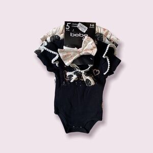Bebe 5 Piece Set (3 Onesies, 2 Bows) 3-6 MO